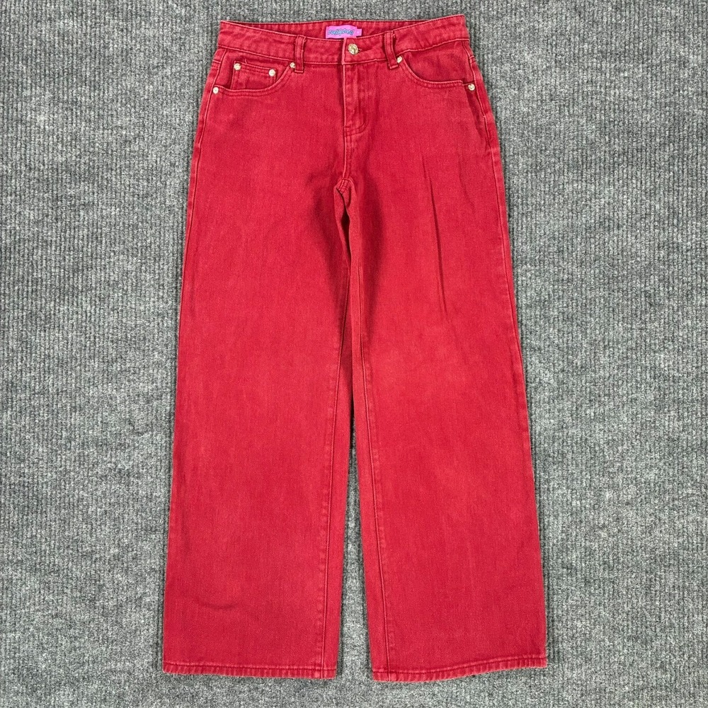 Edikted Womens Red Wide Leg Jeans Size S‎ Low Rise Baggy Denim Y2K Trend